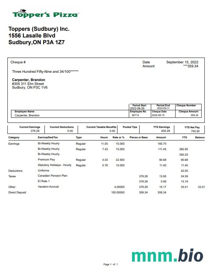 Topper' s Pizza pay stub